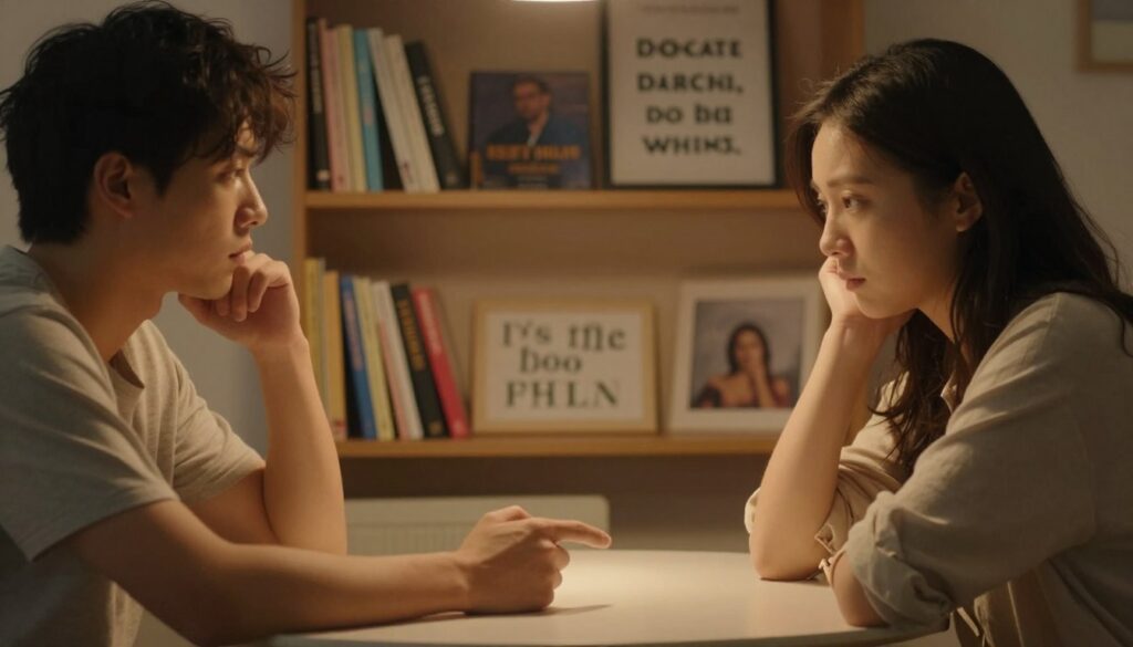 A serene and introspective scene set in a cozy, warmly-lit room, where a couple sits at a small table, both looking thoughtful yet emotionally distant from each other. The foreground features their hands, one reaching towards the other but hesitating, symbolizing the barrier between emotional connection and feelings of apathy. In the middle, a soft glow illuminates their faces, showcasing mixed expressions of contemplation and hesitance. The background includes a bookshelf filled with self-help books and inspirational quotes artfully arranged, creating a atmosphere of introspection and growth. Use warm, soft lighting to evoke a reflective mood, with a slightly blurred depth of field to draw focus on the couple's interaction.