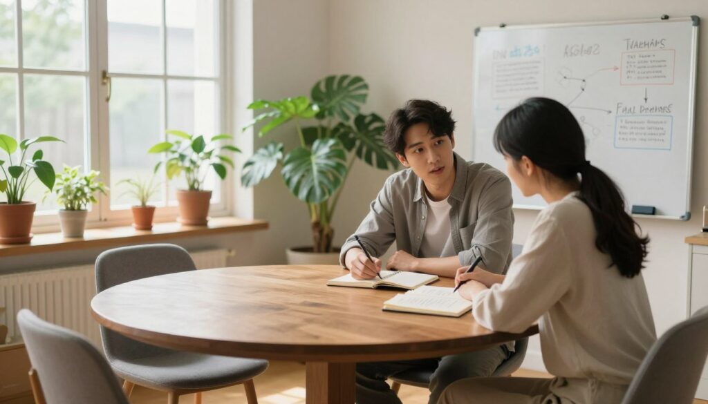 A serene and inviting family meeting room with a large round wooden table at the center, surrounded by four chairs. In the foreground, a couple in modest casual clothing is engaged in a thoughtful discussion, both looking at a notebook filled with notes about their future together. The middle ground features vibrant potted plants adding a touch of life, while in the background, soft natural light streams through large windows, illuminating the room. A whiteboard displays sketches of goals, values, and daily agreements, subtly hinting at their planning. The mood is warm and constructive, reflecting hope and collaboration. Capture the image with a soft focus lens, emphasizing the connection between the couple and their shared vision.