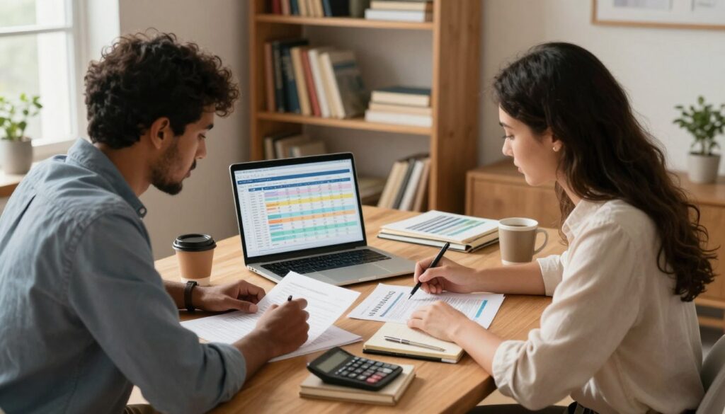 A serene and organized home office setting designed to depict a shared budget planning session. In the foreground, a diverse couple (one male and one female) is seated at a wooden desk, actively discussing and reviewing financial documents spread before them, portraying a sense of collaboration. They are dressed in smart casual attire. In the middle ground, a laptop is open displaying a colorful budget spreadsheet, while a calculator, notepads, and coffee cups are scattered around, enhancing the atmosphere of productivity. In the background, shelves lined with books on finance and personal development create a warm, inviting environment. Soft, natural light filters through a window, casting gentle shadows, adding to the calm and focused mood of the image.