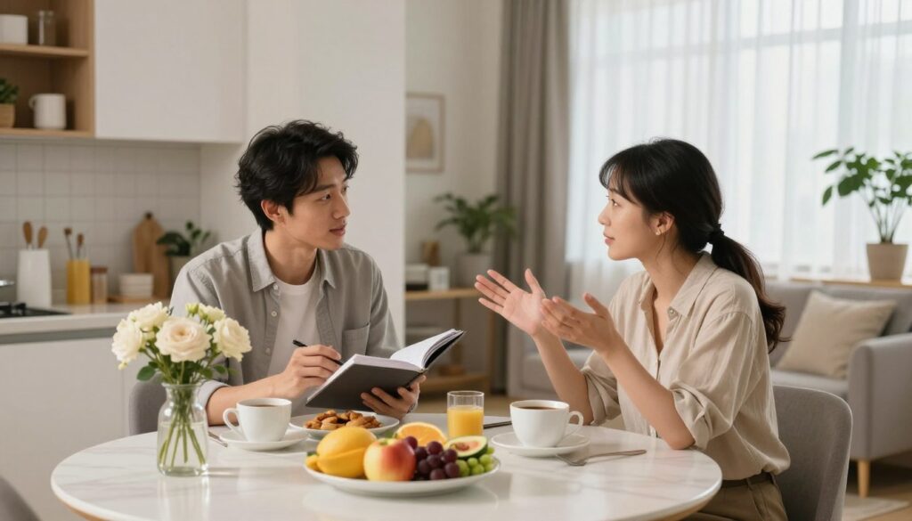 A serene and organized living space showcasing the daily life of a Virgo and Libra couple. In the foreground, a neatly arranged dining table with a breakfast spread, featuring fresh fruits, flowers, and two coffee cups, symbolizes harmony and beauty. The middle ground features a couple engaged in conversation; the Virgo, dressed in smart casual attire, focuses on a planner, while the Libra, in elegant yet relaxed clothing, gestures animatedly, showcasing their communicative nature. In the background, a tidy kitchen and a cozy living room with soft light filtering through sheer curtains add to the atmosphere of comfort and calm. The overall mood conveys balance and warmth, reflecting the beauty and responsibilities of their shared daily life. The lighting is soft and inviting, enhancing the sense of tranquility.
