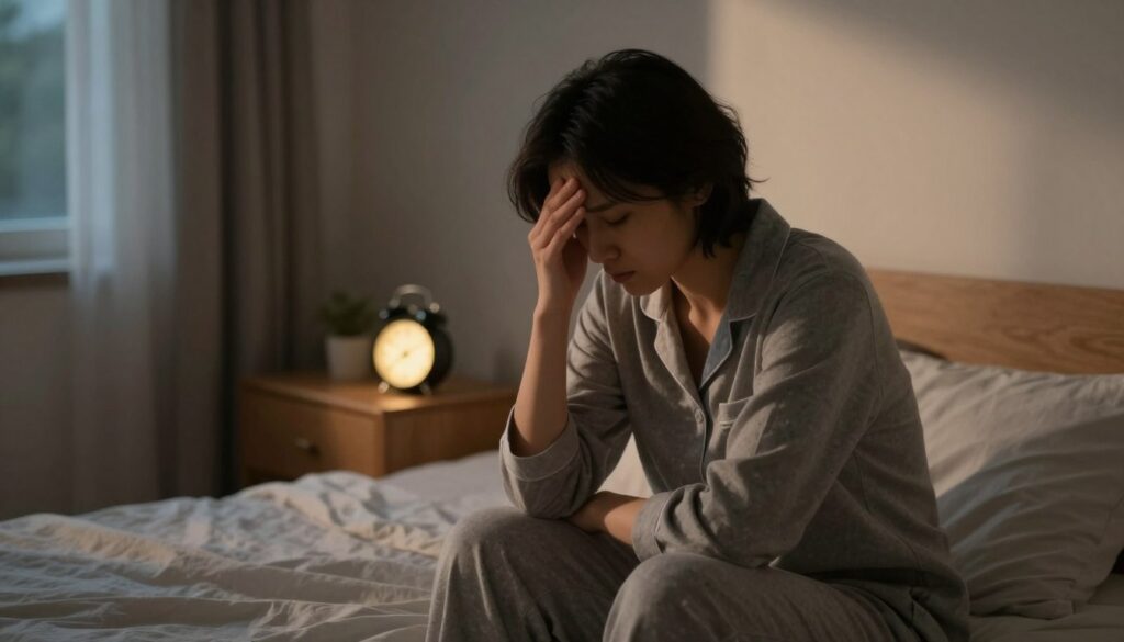 A serene bedroom scene at night, illuminated by soft, warm lighting. In the foreground, a person sitting on the edge of their bed, dressed in comfortable, modest pajamas, showing a contemplative expression, hand on their forehead, suggesting anxiety. Their body language indicates distress but also a yearning for calm. In the middle ground, a bedside table holds a glowing alarm clock, while shadows dance on the wall, creating a subtle, nervous atmosphere. The background features a dimly lit window with curtains slightly swaying, hinting at a gentle breeze outside. The overall vibe is one of introspection and subtle tension, effectively encapsulating the emotional struggle of recognizing a panic attack during the quiet hours of the night.