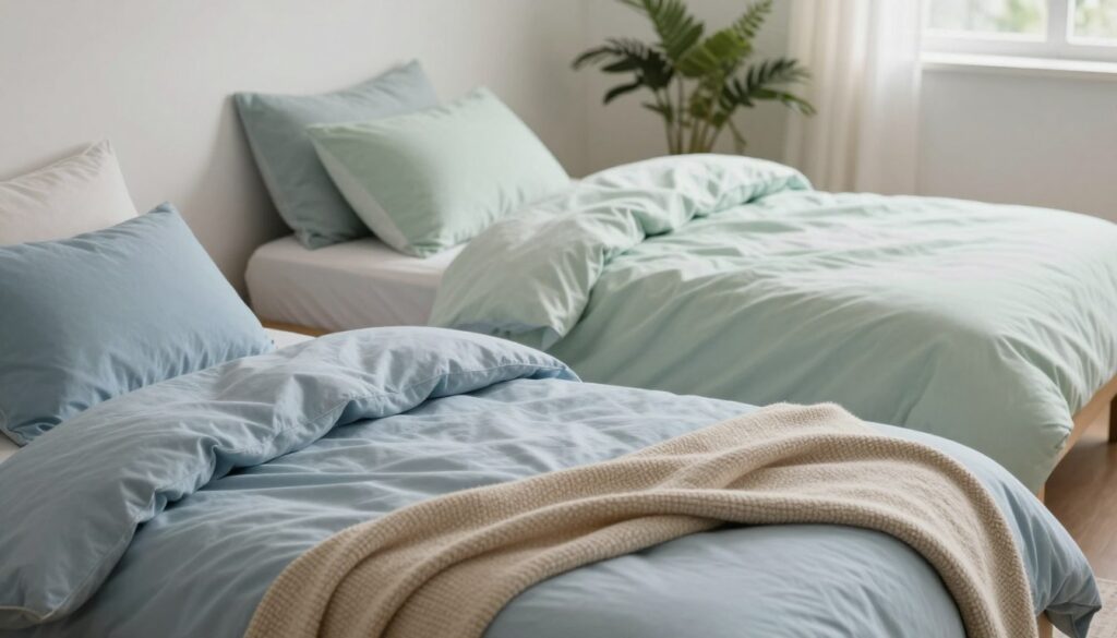 A serene bedroom scene featuring two separate but inviting beds, each adorned with cozy personal duvets in soft, complementary colors. The foreground showcases a neatly made bed with a light blue duvet, fluffy pillows, and a warm throw blanket, conveying comfort and intimacy. In the middle, a second bed is styled with a pastel green duvet, slightly disheveled to indicate recent use, portraying individuality. Soft diffused natural light filters in through a window, creating a calm atmosphere with gentle shadows. The background includes a tasteful arrangement of greenery, adding a fresh touch. The overall mood is peaceful and reflective, illustrating the balance of personal space and connection in a relationship.