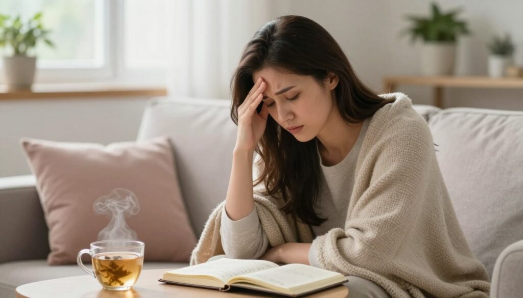 A serene but emotionally charged scene depicting a woman in her late 20s sitting on a cozy couch, surrounded by soft cushions and a warm blanket, illustrating the internal struggle of stress and PMS. Her expression shows a blend of contemplation and discomfort, with her hand resting on her forehead, hinting at the emotional and physical symptoms of premenstrual syndrome. In the foreground, a steaming cup of herbal tea and a journal with an open page filled with handwritten notes reflect coping mechanisms for stress. The middle ground features a softly-lit living room, with plants and gentle pastel colors enhancing the calm yet tense atmosphere. The background includes a window with soft, diffused daylight pouring in, creating a warm, introspective mood. The image conveys a relatable, human experience while maintaining a professional and respectful feel.