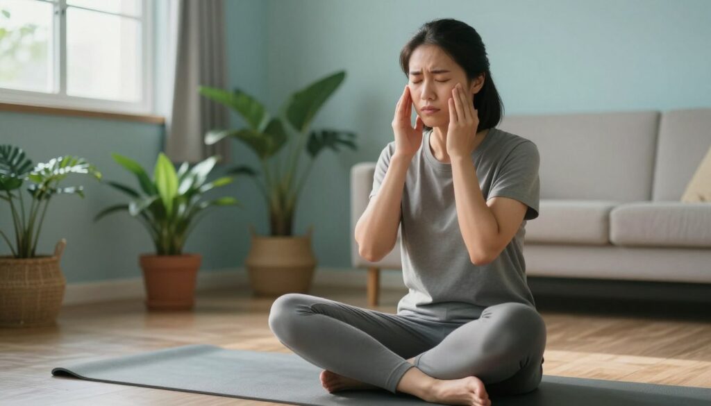 A serene, calming scene depicting a person sitting cross-legged on a soft, textured yoga mat in a softly lit room. The individual, a young adult of Asian descent, is dressed in comfortable, modest clothing, with closed eyes and a gentle expression, practicing deep breathing during a panic attack. In the foreground, a subtle play of light highlights their peaceful face, while soft shadows create a warm atmosphere. The middle ground features a few potted plants and a window with natural light filtering in, casting a gentle glow. In the background, calming colors like pastel blues and greens enhance the overall mood, evoking a sense of tranquility and control amidst internal chaos. The composition suggests an oasis of calm, emphasizing the theme of regaining composure.