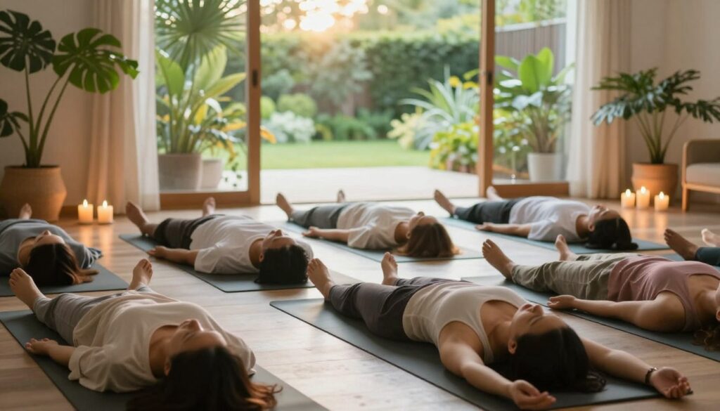 A serene, calming scene depicting relaxation techniques in a peaceful setting. In the foreground, a diverse group of individuals, dressed in modest, comfortable clothing, practice yoga poses on soft mats. The middle layer features a soothing environment with indoor plants, candles, and gentle flowing water, enhancing the tranquil atmosphere. In the background, a large window reveals a bright, sunlit garden with vibrant greenery, emphasizing connection to nature. Soft, warm lighting creates a cozy glow throughout the space. The overall mood is peaceful and restorative, inviting viewers to embrace relaxation and stress relief practices. A serene, calming scene depicting relaxation techniques in a peaceful setting. In the foreground, a diverse group of individuals, dressed in modest, comfortable clothing, practice yoga poses on soft mats. The middle layer features a soothing environment with indoor plants, candles, and gentle flowing water, enhancing the tranquil atmosphere. In the background, a large window reveals a bright, sunlit garden with vibrant greenery, emphasizing connection to nature. Soft, warm lighting creates a cozy glow throughout the space. The overall mood is peaceful and restorative, inviting viewers to embrace relaxation and stress relief practices.