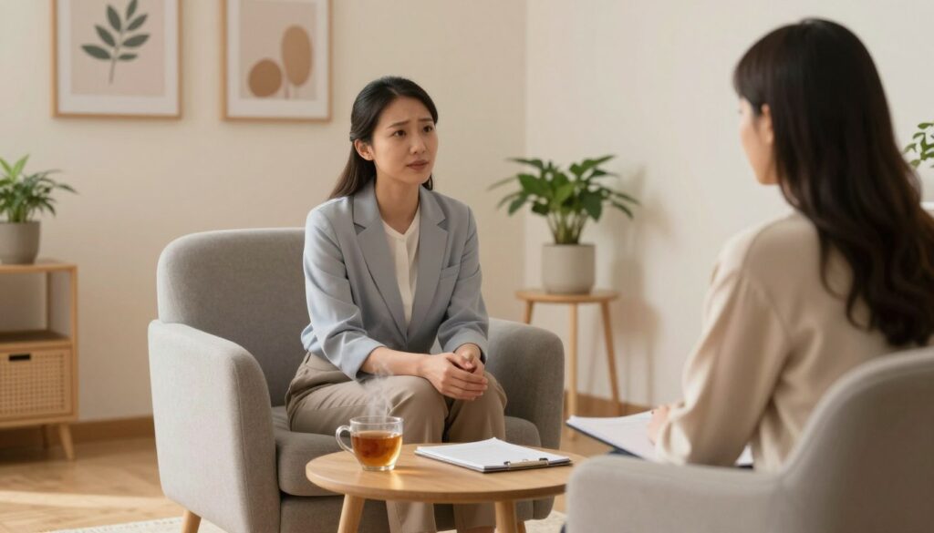 A serene consulting room designed for therapy, softly lit with warm tones. In the foreground, a comfortable armchair upholstered in muted colors, inviting and cozy. A small round table beside it holds a steaming cup of herbal tea and a notepad, symbolizing openness and conversation. In the middle, a therapist, dressed in professional attire, engages with a client, who is modestly dressed, showcasing a supportive atmosphere. Both individuals display empathetic expressions, fostering a sense of trust and understanding. In the background, calming artwork adorns the walls, and a potted plant adds a touch of nature, enhancing the soothing environment. Overall, the scene conveys a mood of safety and support, emphasizing the importance of seeking help during stressful moments.