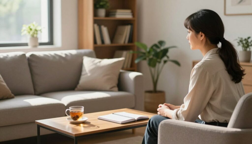A serene counseling office, softly illuminated by warm, natural light streaming through a window. In the foreground, a professional, compassionate therapist in modest business attire sits calmly in a chair, leaning slightly forward, offering a listening presence. In the middle, a comfortable sofa adorned with neutral-toned cushions invites conversation and connection. A coffee table cluttered with a notebook and a calming herbal tea emphasizes the atmosphere of trust and openness. In the background, a bookshelf filled with self-help books and plants adds a touch of warmth and wisdom. The overall mood is one of hope and contemplation, with soft shadows enhancing the peaceful ambiance, inviting a sense of safety and willingness to communicate.