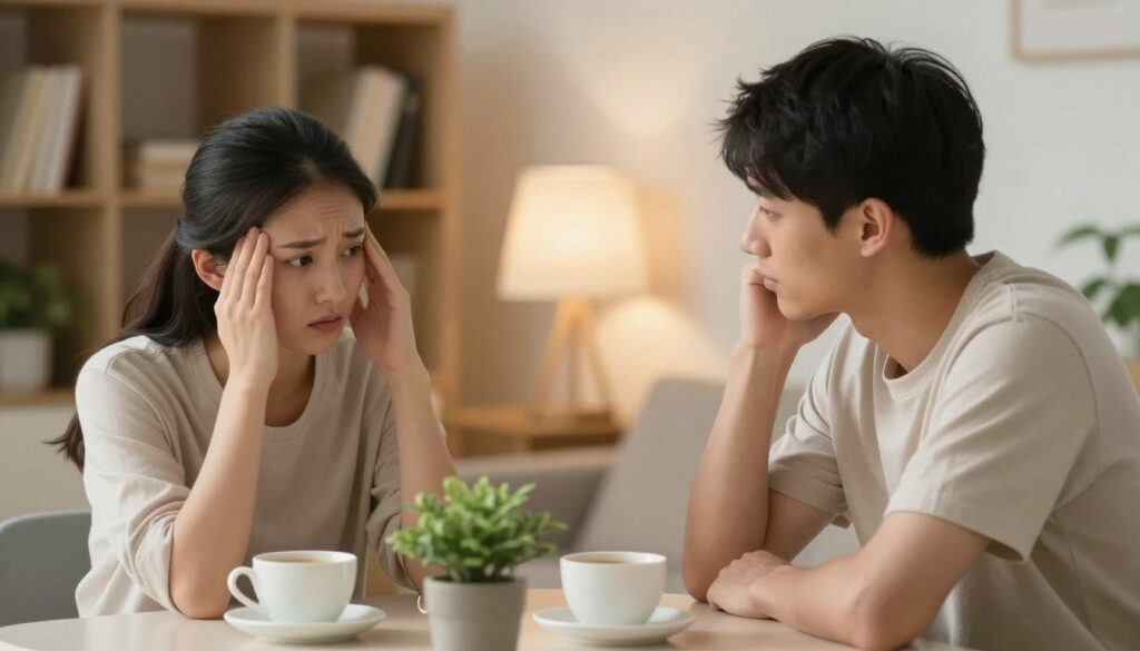 A serene, cozy setting for an intimate conversation between two partners. In the foreground, a young couple sits at a table, dressed in casual yet neat clothing, conveying openness and sincerity. The woman, with dark hair tied back, leans slightly forward, expressing empathy, while the man listens attentively with a supportive posture. In the middle, scattered coffee cups and a small plant create a warm, inviting atmosphere. The background features soft, soft-focus residential elements like a bookshelf and comfortable lighting from a lamp, casting a gentle glow. The overall mood is relaxed and safe, evoking trust and understanding as the couple engages in a deep, meaningful discussion about stress and vulnerability.