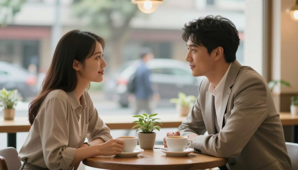 A serene depiction of two individuals engaged in open communication, seated at a cozy café table. In the foreground, a woman and a man in modest, professional attire lean towards each other, their body language warm and attentive, embodying trust and connection. The middle layer showcases coffee cups and a small plant on the table, symbolizing growth and nurturing. In the background, softly blurred images of bustling city life hint at the outside world, contrasting their intimate moment. Soft, warm lighting creates an inviting atmosphere, while a gentle focus emphasizes their facial expressions, reflecting sincerity and understanding. The mood is calm and hopeful, representing healthy communication and the building of trust in a new relationship.