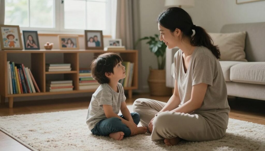 A serene domestic scene showcasing a mother and child in a cozy living room, emphasizing their bond. In the foreground, the mother, dressed in modest casual clothing, is sitting on a soft, large rug, engaging in a heartfelt conversation with her child, who is looking up at her with curiosity and warmth. The middle ground features a bookshelf filled with children's books and family photographs, symbolizing the nurturing environment. In the background, a window allows soft, natural light to flood the room, creating a warm atmosphere signifying safety and love. The overall mood is intimate and reflective, capturing the themes of loyalty and emotional connection in family dynamics. The perspective is slightly tilted down to focus on the interactions between mother and child. A serene domestic scene showcasing a mother and child in a cozy living room, emphasizing their bond. In the foreground, the mother, dressed in modest casual clothing, is sitting on a soft, large rug, engaging in a heartfelt conversation with her child, who is looking up at her with curiosity and warmth. The middle ground features a bookshelf filled with children's books and family photographs, symbolizing the nurturing environment. In the background, a window allows soft, natural light to flood the room, creating a warm atmosphere signifying safety and love. The overall mood is intimate and reflective, capturing the themes of loyalty and emotional connection in family dynamics. The perspective is slightly tilted down to focus on the interactions between mother and child.