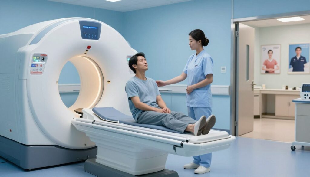 A serene hospital room prepared for an MRI scan, featuring a calming light blue color scheme. In the foreground, a comfortable MRI machine stands, pristine and welcoming, with softly illuminated panels that create a soothing atmosphere. In the middle, a patient dressed in modest casual clothing sits calmly on a cushioned bench, appearing relaxed and focused, practicing deep breathing techniques. Beside them, a nurse in professional attire offers reassuring support. The background shows a softly lit corridor, with motivational posters on the walls emphasizing calmness and strength. The overall mood is peaceful and reassuring, intended to convey a sense of safety and preparation for a medical examination. A serene hospital room prepared for an MRI scan, featuring a calming light blue color scheme. In the foreground, a comfortable MRI machine stands, pristine and welcoming, with softly illuminated panels that create a soothing atmosphere. In the middle, a patient dressed in modest casual clothing sits calmly on a cushioned bench, appearing relaxed and focused, practicing deep breathing techniques. Beside them, a nurse in professional attire offers reassuring support. The background shows a softly lit corridor, with motivational posters on the walls emphasizing calmness and strength. The overall mood is peaceful and reassuring, intended to convey a sense of safety and preparation for a medical examination.
