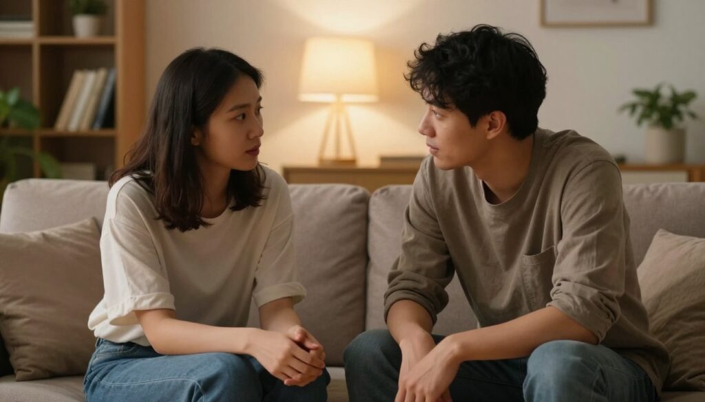 A serene indoor scene depicting two individuals engaged in a deep and empathetic conversation. In the foreground, a man and a woman sit closely on a comfortable sofa, both wearing modest casual clothing. Their body language indicates openness, with the woman gently clasping her hands in her lap, and the man leaning slightly forward, displaying attentiveness. In the middle background, a cozy room is filled with warm, soft lighting emanating from a nearby lamp, creating an inviting atmosphere. Subtle elements like a bookshelf filled with books and a potted plant can be seen, adding warmth to the environment. The focus is on the connection and understanding between the two, encapsulating the essence of empathy and emotional bonding. The image should evoke feelings of safety, intimacy, and openness. A serene indoor scene depicting two individuals engaged in a deep and empathetic conversation. In the foreground, a man and a woman sit closely on a comfortable sofa, both wearing modest casual clothing. Their body language indicates openness, with the woman gently clasping her hands in her lap, and the man leaning slightly forward, displaying attentiveness. In the middle background, a cozy room is filled with warm, soft lighting emanating from a nearby lamp, creating an inviting atmosphere. Subtle elements like a bookshelf filled with books and a potted plant can be seen, adding warmth to the environment. The focus is on the connection and understanding between the two, encapsulating the essence of empathy and emotional bonding. The image should evoke feelings of safety, intimacy, and openness.