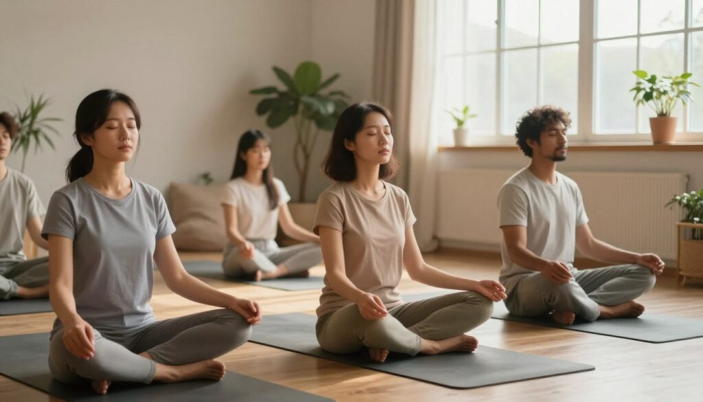 A serene indoor setting depicting various relaxation techniques. In the foreground, a diverse group of three individuals sits cross-legged on yoga mats, dressed in comfortable, modest casual clothing. One person practices deep breathing, with closed eyes and a peaceful expression, while another gently stretches, embodying a sense of calm. The middle ground features a softly lit room with plants, low lighting, and cozy cushions, enhancing the tranquil atmosphere. In the background, a large window lets in warm, diffused sunlight, casting gentle shadows. The overall mood is one of relaxation and mindfulness, creating a peaceful and harmonious environment ideal for stress relief and emotional balance.
