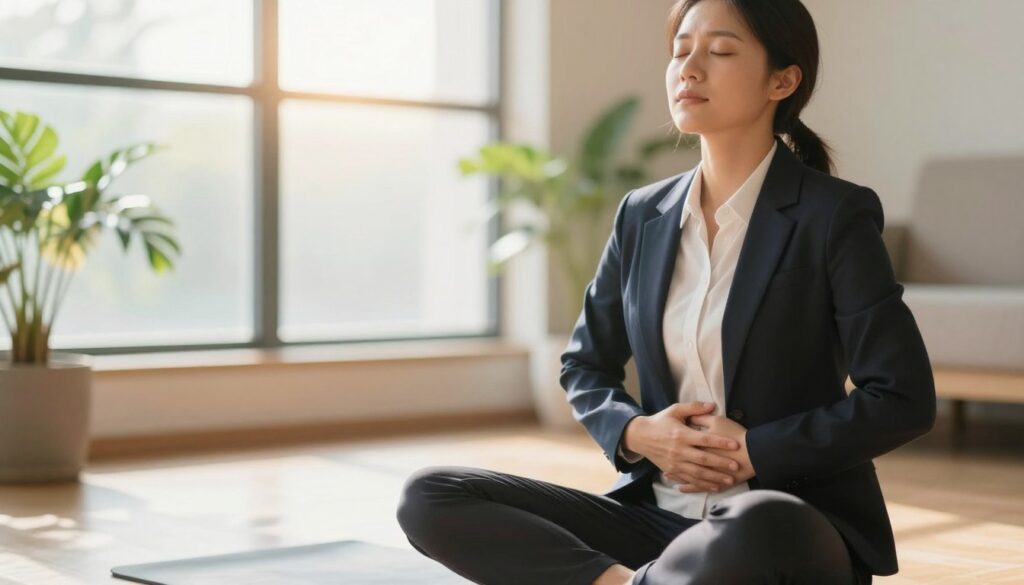 A serene indoor setting illustrating diaphragmatic breathing techniques. In the foreground, a calm person in professional business attire practices deep breathing, sitting cross-legged on a yoga mat. Their hand rests on their abdomen, emphasizing the diaphragm's movement, while their eyes are gently closed, exuding tranquility. In the middle, soft sunlight filters through a large window, illuminating the space with a warm glow. The background features indoor plants and calming colors, enhancing the peaceful atmosphere. The overall mood is serene and focused, aimed at encouraging mindfulness and stress relief. The image should have a soft depth of field, capturing the subtle details of the breathing process while maintaining a tranquil and inviting atmosphere.