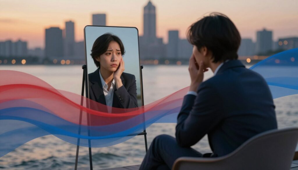 A serene, introspective scene depicting emotional signals represented symbolically. In the foreground, a person in professional business attire sits on a comfortable chair, gazing at their reflection in a softly-lit mirror, their expression contemplative. In the middle ground, gentle waves of color—warm reds and cool blues—flow around them, symbolizing varying emotions such as love, anger, and sadness. The background features an abstract representation of a city skyline at dusk, bathed in golden hour light, enhancing the mood of introspection. Soft, diffused lighting creates a calm atmosphere, with a shallow depth of field focusing on the person while blurring the cityscape behind. Overall, the image should resonate with themes of emotional awareness and clarity, capturing the complexity of internal feelings in a visually compelling manner.