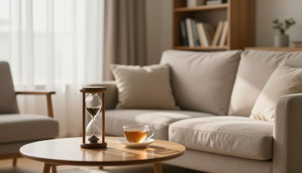 A serene living room scene, softly lit by natural sunlight filtering through sheer curtains, creating a warm and inviting atmosphere. In the foreground, a small round table holds an hourglass, symbolizing the passage of time, alongside a calm cup of tea. In the middle ground, a comfortable couch with plush cushions is flanked by two chairs, inviting relaxation and contemplation. In the background, a bookshelf filled with books on relationships and self-improvement suggests introspection. The overall mood is reflective and peaceful, capturing the essence of a break in a relationship—a time for personal growth and consideration. The image should be framed with a slightly blurred effect to enhance the tranquility, focusing on the balance between connection and solitude.