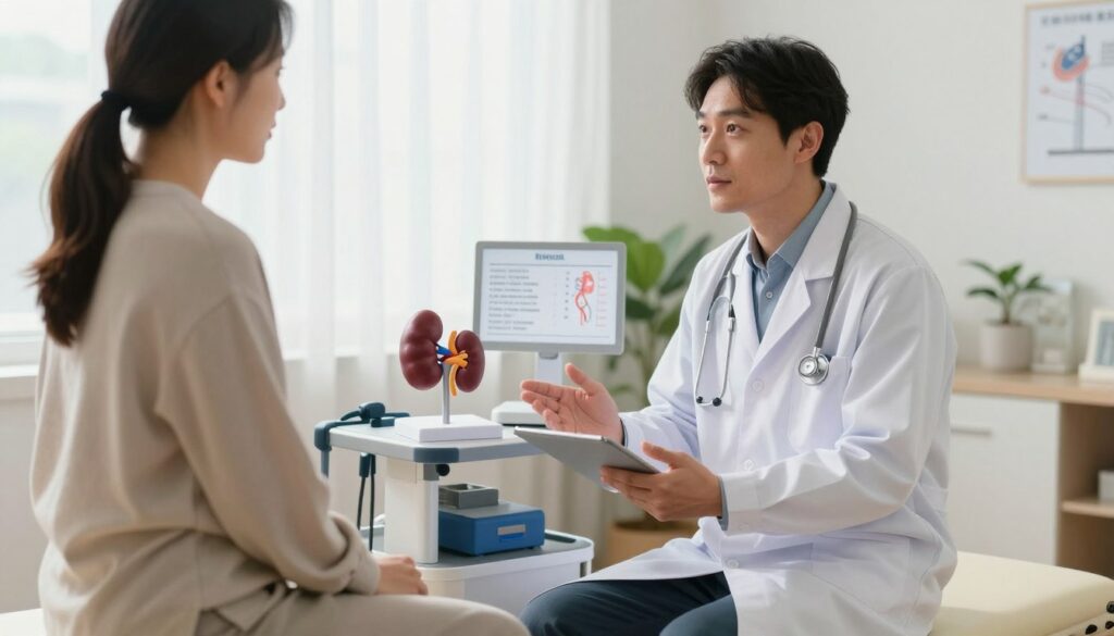A serene medical environment showcasing a healthcare professional examining a patient's kidney function. In the foreground, a doctor in a white lab coat, with a stethoscope around their neck, is attentively discussing treatment options with a patient dressed in modest casual clothing, seated on an examination table. The middle ground features a modern medical equipment setup, including a kidney model and health charts illustrating kidney function and lifestyle factors. In the background, soft, natural light filters through large windows, creating an inviting atmosphere, with plants adding a touch of warmth. The overall mood is supportive and informative, emphasizing the importance of lifestyle choices in kidney health.