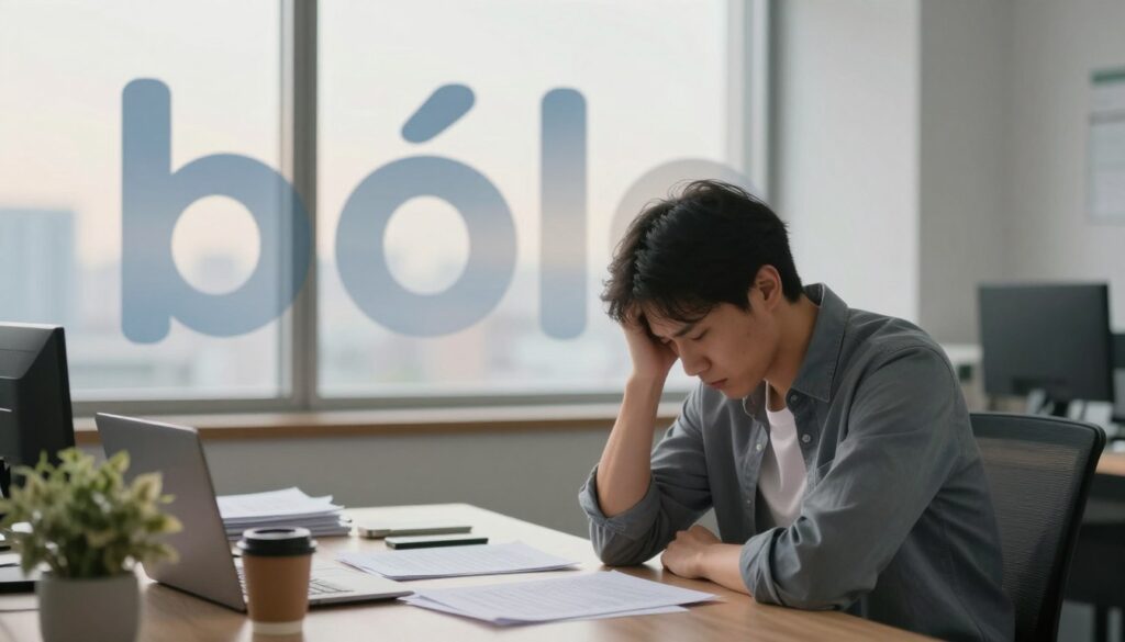 A serene office environment depicting a "bóle," represented as a subtle, abstract symbol of stress, blending with soft gradients of blue and gray. In the foreground, a stressed individual, dressed in business casual attire, sits at a desk, their expression contemplative yet burdened. The middle ground features an array of scattered papers and a coffee cup, symbolizing the chaos of daily life. In the background, a window shows a blurred cityscape under gentle, diffused daylight, suggesting the outside world's pressures. The lighting is soft and warm, creating an atmosphere of subtle tension and introspection. The image should evoke a sense of quiet reflection, capturing the unseen symptoms of stress in a professional and relatable manner.