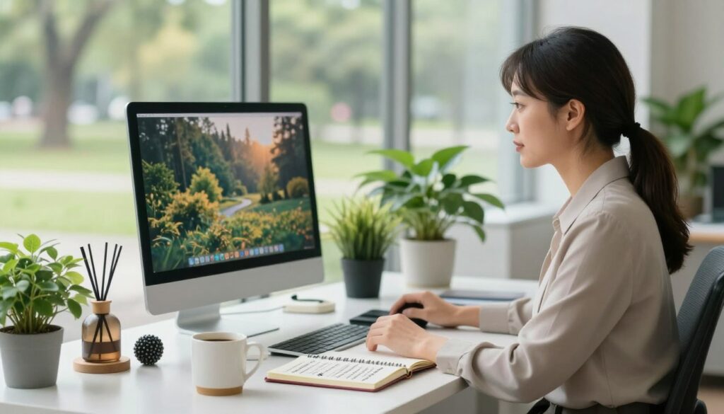 A serene office environment, featuring a mid-30s professional woman in modest attire, seated at her neatly organized desk, surrounded by greenery and soft, diffused natural lighting. In the foreground, a stylish coffee mug and a journal filled with motivational notes symbolize mindful practices. The middle layer showcases a computer monitor displaying a calming nature scene as a background wallpaper, and scattered stress-management tools such as stress balls and an aromatherapy diffuser. In the background, large windows reveal a peaceful park outside, with gentle sunlight filtering through. The atmosphere is tranquil and focused, reflecting a sense of control and balance amidst work pressures, encouraging a positive approach to stress management in professional settings.
