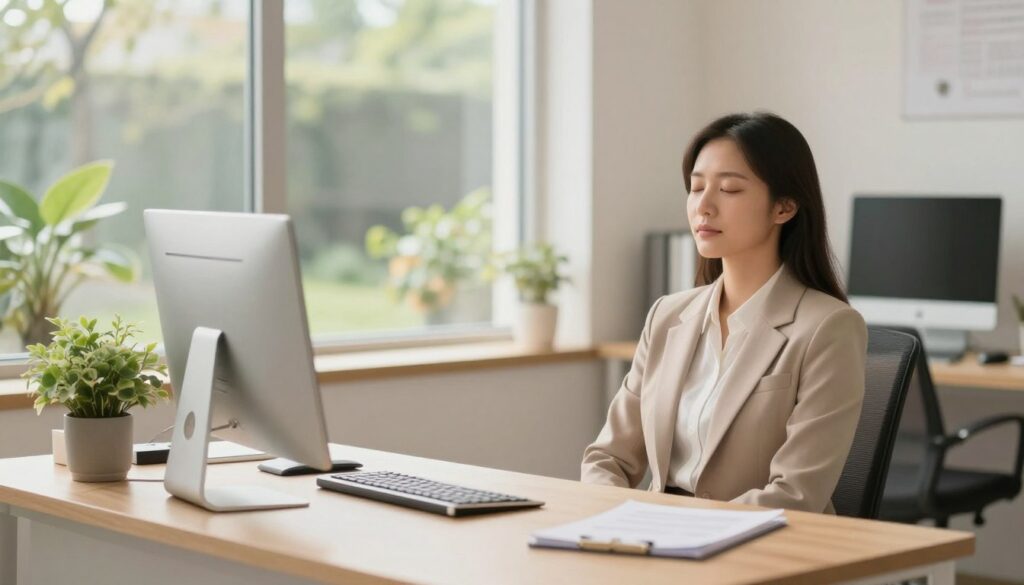 A serene office environment filled with soft natural light, emphasizing a calming workspace design. In the foreground, a neatly organized desk features a soothing plant and a comfortable chair, symbolizing a stress-free zone. The middle ground shows a professional in business attire, practicing mindfulness with eyes closed, embodying tranquility amidst their work tasks. Soft colors dominate the scene, with gentle pastels and warm wood tones creating a peaceful ambiance. In the background, a large window opens onto a tranquil garden view, hinting at nature's serenity. The overall mood should evoke calmness and clarity, with a focus on grounding techniques for stress management, captured in a softly focused lens with warm lighting to enhance a tranquil atmosphere.