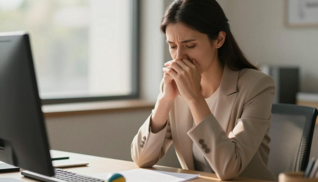 A serene office environment illustrating anxiety disorders, with a close-up of a professional woman in modest business attire sitting at her desk, her hands clasped together in a thoughtful pose. The background reveals a softly blurred window with gentle daylight streaming in, casting warm shadows around the room. On her desk, scattered papers and a stress ball subtly indicate the pressure she feels. The mood is contemplative yet slightly tense, emphasizing her inner struggle with panic attacks and anxiety. Soft, natural lighting creates a calm atmosphere while highlighting the emotional contrast on her face. A warm color palette enhances the sense of introspection without overwhelming the viewer.