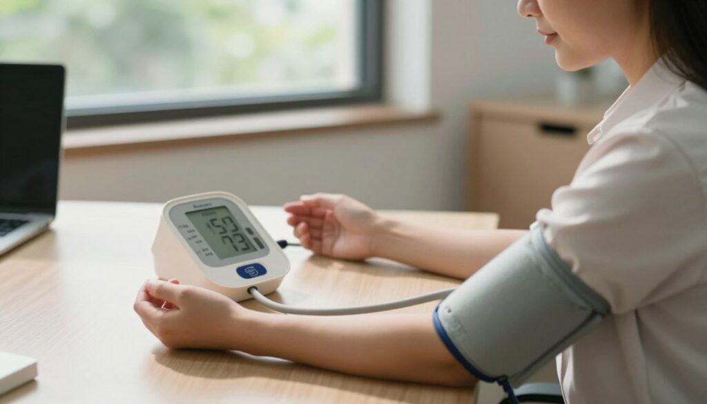 A serene office environment with a focus on a professional person wearing business attire, measuring blood pressure with a digital monitor. In the foreground, the individual is seated calmly, with a sphygmomanometer on their arm and a focused expression. The middle layer showcases the digital blood pressure monitor displaying readings in clear numbers. In the background, a window lets in soft daylight, creating a calm and peaceful atmosphere, with greenery visible outside. The lighting is warm, casting gentle shadows that enhance the tranquility of the scene. The overall mood conveys a sense of health awareness and stress management, reflecting the importance of accurate blood pressure measurement.