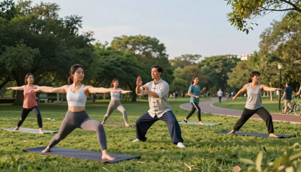 A serene outdoor setting showcasing a diverse group of people engaged in various stress-relief exercises. In the foreground, a young woman in comfortable athletic wear practices yoga, her pose embodying tranquility. In the middle ground, a man with a focused expression is practicing tai chi, emphasizing movement and mindfulness. Lush greenery surrounds them, while a calming blue sky and soft, golden sunlight create an uplifting atmosphere. In the background, a jogging path curves through a peaceful park, with others walking or cycling. The scene conveys a sense of harmony and inner peace, highlighting the importance of physical movement in reducing stress. The composition is well-lit, capturing warm, inviting tones, with a shallow depth of field to emphasize the participants’ engagement in their activities.