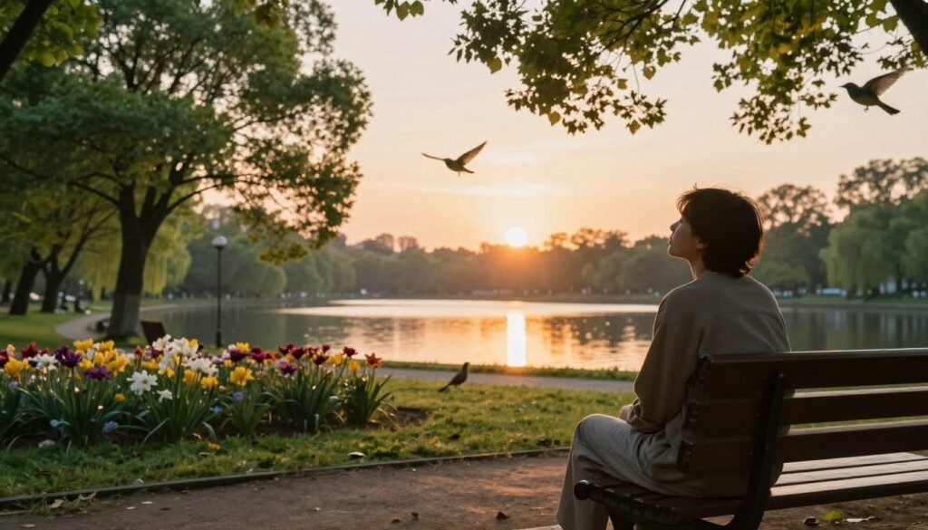 A serene scene depicting a peaceful sunrise in a tranquil park setting, symbolizing recovery after a toxic relationship. In the foreground, a figure in modest casual clothing sits on a bench, looking contemplative yet hopeful, with soft sunlight illuminating their face, conveying a sense of introspection. In the middle ground, blooming flowers and lush green trees represent growth and renewal, while small birds gently flutter around, adding a touch of life and positivity. The background features a calm lake reflecting the warm hues of the sunrise, creating a harmonious atmosphere. The lighting is soft and warm, casting gentle shadows and enhancing the sense of serenity. The overall mood is one of reassurance and the promise of new beginnings, embodying the theme of self-recovery and readiness for a new relationship.