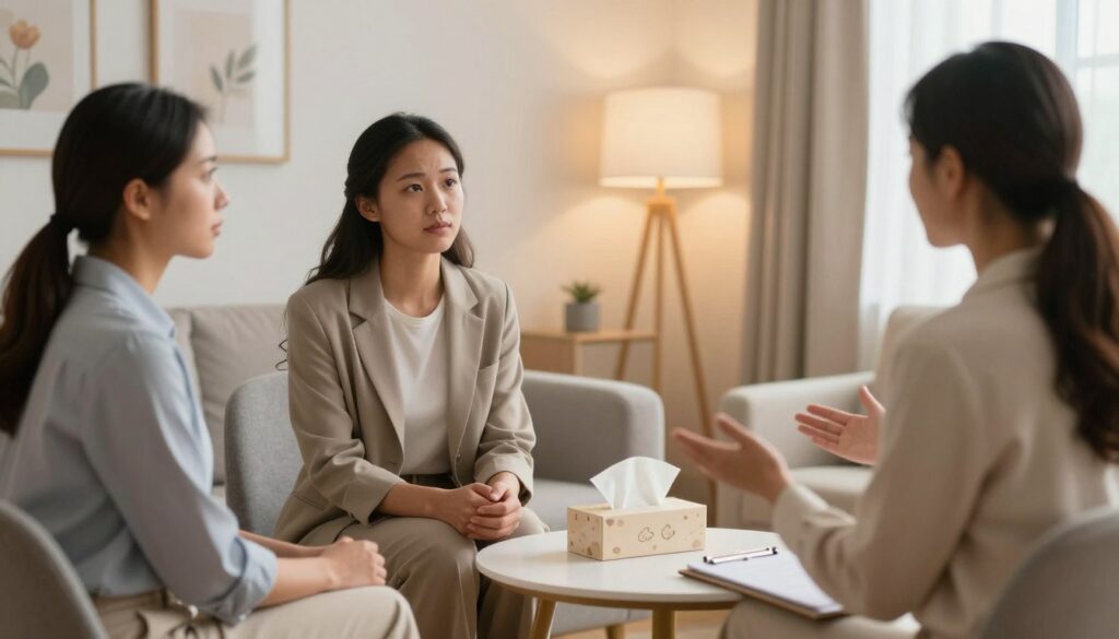 A serene therapy session in a cozy, well-lit room designed for couples. In the foreground, a diverse couple sits across from a therapist, all dressed in professional business attire. The couple is engaged in conversation, showing a mix of emotions, conveying sincerity and hope. The therapist, an empathetic figure, listens attentively, gesturing with open hands to encourage discussion. In the middle ground, a round table holds a box of tissues and a notepad, symbolizing the emotional nature of therapy. The background features soft, warm lights and calming artwork on the walls, creating an inviting atmosphere. The overall mood is supportive and constructive, capturing the essence of couple’s therapy and mediation.