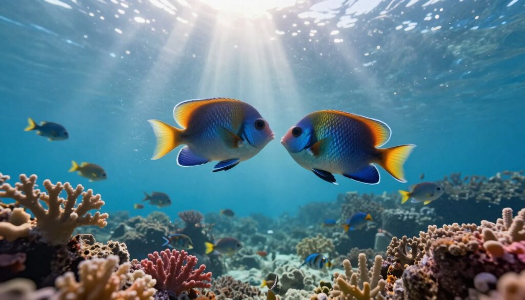 A serene underwater scene depicting two colorful fish swirling gracefully around each other, symbolizing deep romantic love. In the foreground, vibrant coral reefs adorned with various marine plants create a lush habitat. Soft, dappled sunlight filters through the water, casting ethereal beams that illuminate the fish and enhance their shimmering scales. In the middle ground, a school of smaller fish swim playfully, adding dynamism to the scene. The background features a gentle gradient of blue hues, mimicking the ocean depths. The overall mood is tranquil and enchanting, evoking feelings of love and intimacy, as the fish seem to dance together in harmony amidst their captivating underwater world. The image should be detailed yet elegant, free from any text or watermarks.