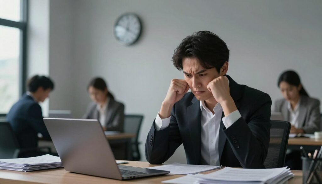 A serene yet tense office environment during a late afternoon. In the foreground, a professional individual in business attire is seated at a desk, visibly showing signs of distress: clenched fists, strained expression, and furrowed brows. Their surroundings feature scattered papers and an open laptop, symbolizing overwhelming workloads. In the middle ground, a clock on the wall shows time ticking away, amplifying the sense of urgency and anxiety. The background exhibits blurred silhouettes of colleagues, hinting at a stressful work atmosphere without direct focus. Soft, diffused natural light filters through a window, casting a gentle glow, creating a contrast between the calm of the environment and the individual's inner turmoil. The overall atmosphere conveys the conflicting emotions of stress versus panic.