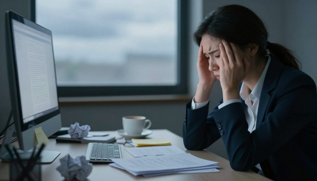 A serene yet thought-provoking scene illustrating the subtle symptoms of stress. In the foreground, a person in professional attire, appearing thoughtful with furrowed brows, sits at a desk cluttered with paperwork and a glowing computer screen, symbolizing mental overload. The middle ground features a soft-focus coffee cup, indicating reliance on caffeine, and crumpled notes that hint at anxiety. In the background, a window shows a cloudy sky, suggesting a gloomy atmosphere that reflects inner turmoil. The lighting is soft and diffused, casting gentle shadows that enhance the contemplative mood. The overall ambiance is calm yet charged with tension, encapsulating the invisible struggle of stress within everyday life.