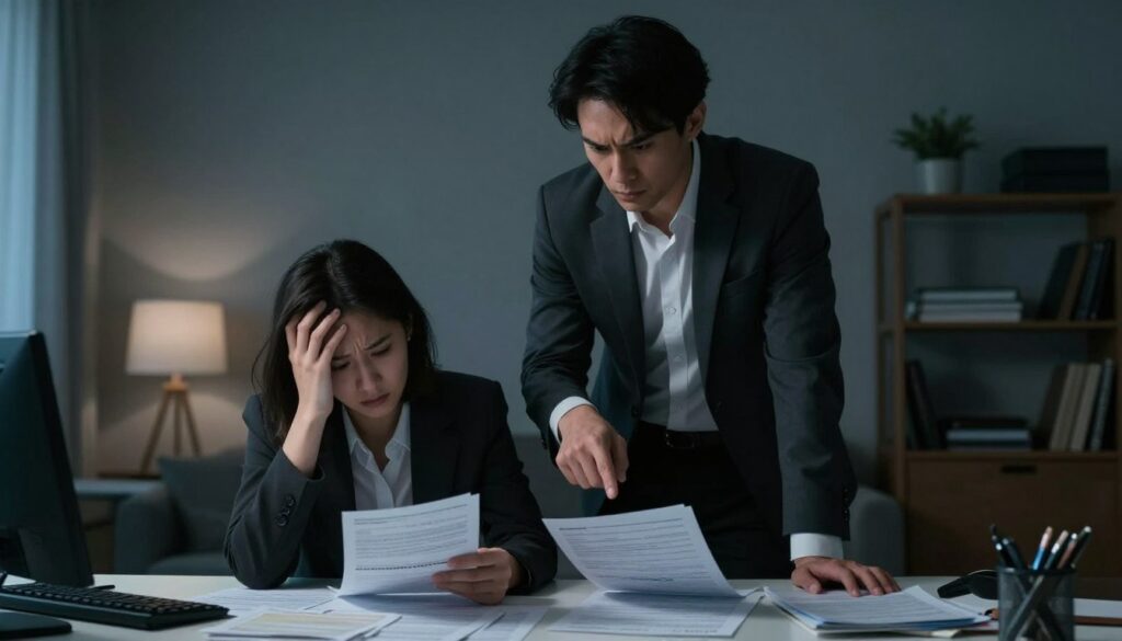A somber, atmospheric scene depicting the theme of financial control in a relationship. In the foreground, a distressed individual sitting at a table, looking at bills and documents, dressed in professional business attire, physically showing uncertainty. In the middle ground, a person standing imposing over them, pointing at the papers with a stern expression, indicating control, also in business attire. The background features a cluttered home office with dim lighting, casting shadows that enhance the feeling of constraint. Soft spotlighting highlights the expressions of both individuals, creating a tense emotional atmosphere, with cooler tones to evoke feelings of anxiety and manipulation. The overall composition should reflect a sense of struggle and the need for empowerment. A somber, atmospheric scene depicting the theme of financial control in a relationship. In the foreground, a distressed individual sitting at a table, looking at bills and documents, dressed in professional business attire, physically showing uncertainty. In the middle ground, a person standing imposing over them, pointing at the papers with a stern expression, indicating control, also in business attire. The background features a cluttered home office with dim lighting, casting shadows that enhance the feeling of constraint. Soft spotlighting highlights the expressions of both individuals, creating a tense emotional atmosphere, with cooler tones to evoke feelings of anxiety and manipulation. The overall composition should reflect a sense of struggle and the need for empowerment.