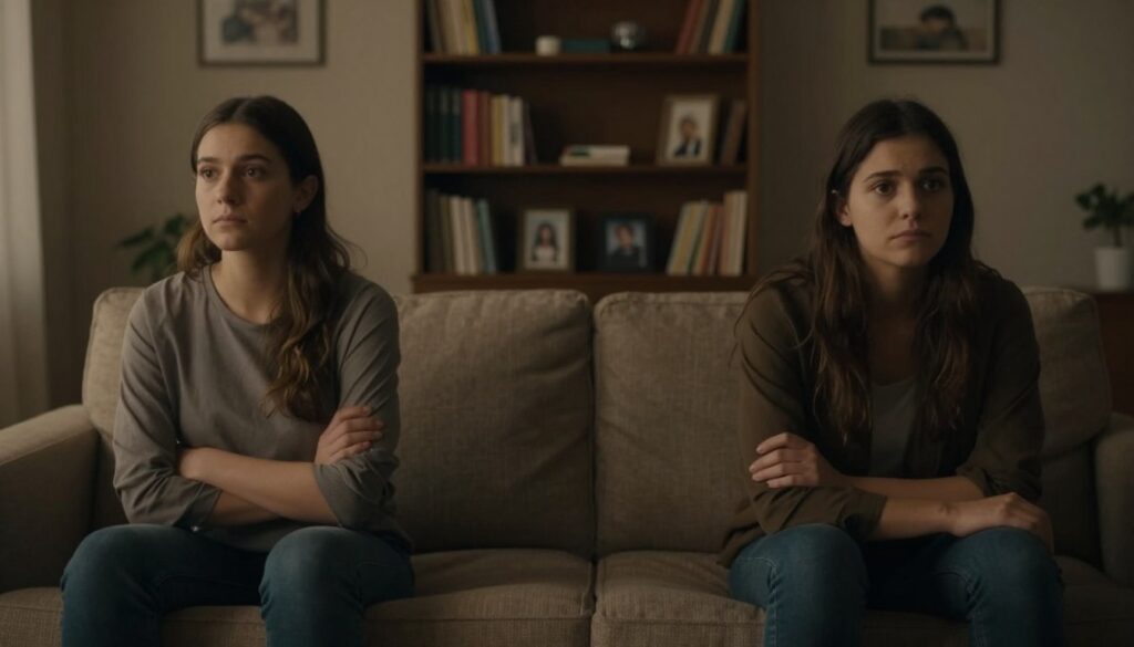 A somber, introspective scene capturing the essence of emotional indifference in a relationship. In the foreground, a couple sits on opposite ends of a softly lit living room, each absorbed in their own thoughts, their body language — crossed arms and turned-away gazes — reflecting a palpable distance. The couple, dressed in modest casual clothing, exudes a sense of isolation despite their physical proximity. In the middle background, a blurred bookshelf filled with personal mementos symbolizes their shared past, contrasting with their current emotional detachment. The lighting is warm yet muted, creating a melancholic atmosphere that evokes feelings of loneliness and disconnect. The angle should be slightly elevated, giving a broader view of the space, enhancing the sense of emotional void between the partners. A somber, introspective scene capturing the essence of emotional indifference in a relationship. In the foreground, a couple sits on opposite ends of a softly lit living room, each absorbed in their own thoughts, their body language — crossed arms and turned-away gazes — reflecting a palpable distance. The couple, dressed in modest casual clothing, exudes a sense of isolation despite their physical proximity. In the middle background, a blurred bookshelf filled with personal mementos symbolizes their shared past, contrasting with their current emotional detachment. The lighting is warm yet muted, creating a melancholic atmosphere that evokes feelings of loneliness and disconnect. The angle should be slightly elevated, giving a broader view of the space, enhancing the sense of emotional void between the partners.