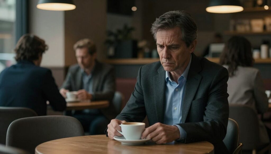 A somber, introspective scene depicting a person with paranoid personality traits, featuring a middle-aged individual in professional attire sitting alone in a dimly lit café. Their expression is one of contemplation, with furrowed brows and a gaze fixed on their coffee cup. The foreground includes an empty chair across the table to symbolize isolation in relationships. In the middle ground, other patrons are visible, but they are slightly blurred to convey a feeling of disconnection. The background contains warm lighting from overhead lamps, casting gentle shadows that evoke an atmosphere of introspection and unease. The image captures a sense of tension and complexity between the individual and their environment, emphasizing emotional depth and nuance. A somber, introspective scene depicting a person with paranoid personality traits, featuring a middle-aged individual in professional attire sitting alone in a dimly lit café. Their expression is one of contemplation, with furrowed brows and a gaze fixed on their coffee cup. The foreground includes an empty chair across the table to symbolize isolation in relationships. In the middle ground, other patrons are visible, but they are slightly blurred to convey a feeling of disconnection. The background contains warm lighting from overhead lamps, casting gentle shadows that evoke an atmosphere of introspection and unease. The image captures a sense of tension and complexity between the individual and their environment, emphasizing emotional depth and nuance.