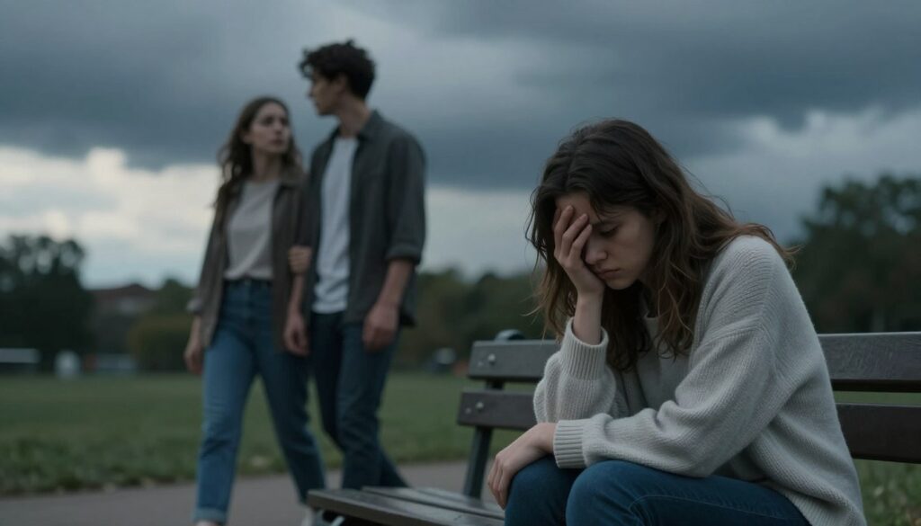 A somber, introspective scene depicting the theme of betrayal in a relationship. In the foreground, a distressed individual sits alone on a park bench, wrapped in a light sweater, looking contemplatively at their hands, expressing sadness and introspection. The middle ground features a blurred image of a couple walking past, one partner looking back with a pained expression. The background shows dark, stormy clouds gathering, hinting at unresolved conflict and emotional turmoil. Soft, diffused lighting filters through the clouds, creating a moody atmosphere. The overall color palette consists of muted blues and grays, enhancing the feelings of isolation and longing for connection in an emotionally charged setting. The angle is slightly elevated, allowing a view of both the individual and the couple, adding depth to the narrative.