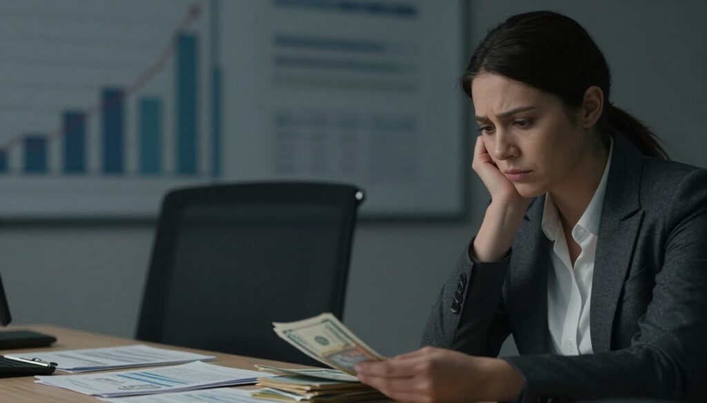 A somber office setting with a subtle tension in the air. In the foreground, a close-up of a businesswoman in professional attire, her expression thoughtful and slightly worried, looking down at a stack of bills and financial documents on her desk. In the middle ground, an empty chair across from her symbolizes isolation. The background features an abstract representation of a financial graph, hinting at unseen struggles, with dark, muted colors to convey a serious mood. Soft, diffused lighting enhances the emotional weight, casting gentle shadows. The overall atmosphere is one of contemplation, highlighting the invisibility of financial exploitation in relationships. A somber office setting with a subtle tension in the air. In the foreground, a close-up of a businesswoman in professional attire, her expression thoughtful and slightly worried, looking down at a stack of bills and financial documents on her desk. In the middle ground, an empty chair across from her symbolizes isolation. The background features an abstract representation of a financial graph, hinting at unseen struggles, with dark, muted colors to convey a serious mood. Soft, diffused lighting enhances the emotional weight, casting gentle shadows. The overall atmosphere is one of contemplation, highlighting the invisibility of financial exploitation in relationships.