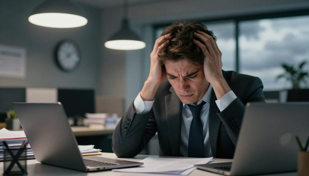 A surreal scene depicting the symptoms of stress in a professional environment. In the foreground, a businessperson in smart attire sits at a cluttered desk, their expression strained, with furrowed brows and hands gripping their head. Papers and a laptop around them hint at overwhelming tasks. In the middle ground, a soft-focus view of an office setting conveys chaos: buzzing overhead lights, scattered files, and a ticking clock in the background, symbolizing time pressure. The background features a window with dark clouds looming outside, casting a gloomy light. The atmosphere is tense, showcasing emotions of worry and anxiety through dynamic lighting, like shadows reflecting stress. Capture this moment in a close-up shot to emphasize facial expressions and surrounding clutter.