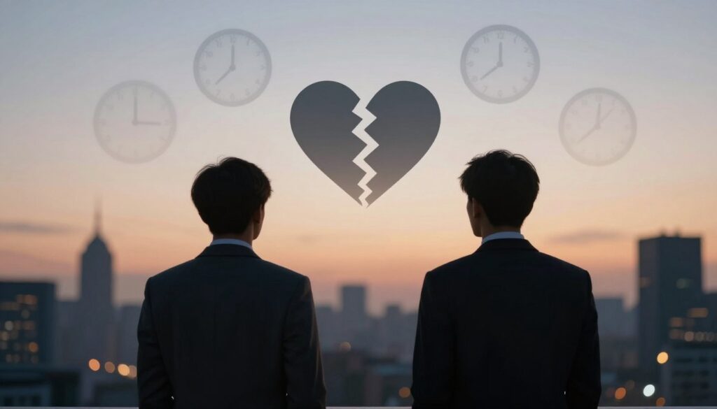 A symbolic representation of emotional distance in relationships. Foreground: two silhouettes of individuals facing away from each other, dressed in professional business attire, showing body language of disconnection, with a faint glow around them to signify emotional barriers. Middle: a melting heart icon that fractures in the center, indicating emotional strain, surrounded by floating, subtle clock faces to symbolize the passage of time. Background: a blurred cityscape at dusk, with soft, warm lighting creating a melancholic atmosphere, illustrating the isolation in an urban setting. The overall mood should evoke feelings of longing and introspection, highlighting the theme of separation and the complexities of rekindling emotional and physical closeness.