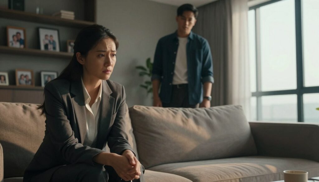 A tense scene of a couple in a modern living room that reflects psychological control. In the foreground, a woman in professional attire, looking anxious and contemplative, sits on a sofa with her body slightly turned away from her partner, who stands in the middle of the room. The man, dressed in a smart casual outfit, has an intense expression, suggesting he is exerting pressure or control over her. In the background, a dimly lit shelf holding family photographs contrasts with a bright window, symbolizing the dichotomy of internal struggles versus the outside world's perceptions. Soft, warm light casts shadows, creating a somber yet evocative atmosphere, illuminating their complex emotional dynamics. A tense scene of a couple in a modern living room that reflects psychological control. In the foreground, a woman in professional attire, looking anxious and contemplative, sits on a sofa with her body slightly turned away from her partner, who stands in the middle of the room. The man, dressed in a smart casual outfit, has an intense expression, suggesting he is exerting pressure or control over her. In the background, a dimly lit shelf holding family photographs contrasts with a bright window, symbolizing the dichotomy of internal struggles versus the outside world's perceptions. Soft, warm light casts shadows, creating a somber yet evocative atmosphere, illuminating their complex emotional dynamics.