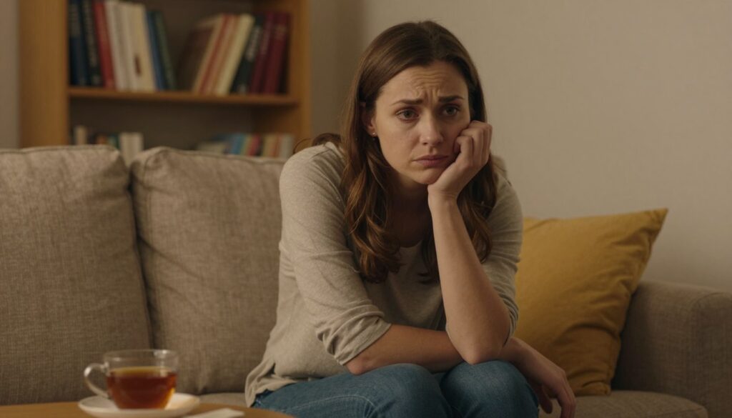 A thoughtful and introspective scene of a woman sitting in a cozy, softly lit living room, reflecting on her feelings about relationships. In the foreground, she is depicted in modest casual clothing, with an expression of concern and contemplation. Her body language conveys vulnerability and curiosity. The middle ground features a warm, inviting couch and a small table with a cup of tea, symbolizing a safe space for reflection. In the background, a bookshelf filled with relationship books adds depth, reinforcing the theme of exploring emotions. Soft, golden lighting enhances the intimate atmosphere, creating a mood of empathy and understanding, while a gentle focus emphasizes her facial expression and the quiet surroundings.