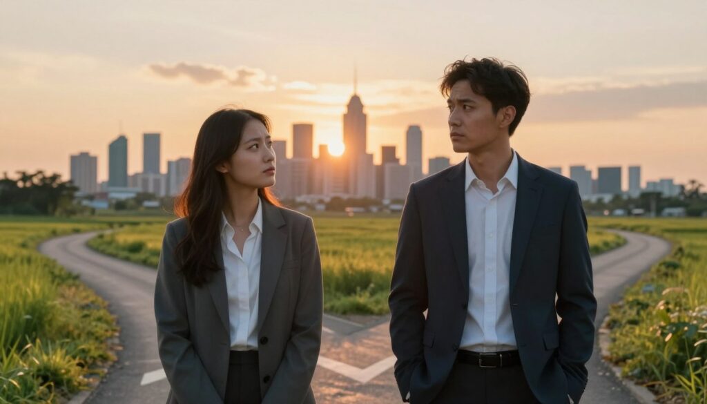 A thoughtful couple stands at a crossroads, their expressions reflecting uncertainty and introspection. In the foreground, they are dressed in professional business attire, engaged in a serious discussion about their differing visions for the future. The middle ground showcases a split path, with one side leading to a vibrant city skyline symbolizing ambition and success, while the other side transitions into a serene countryside representing simplicity and tranquility. The background features a dramatic sunset, casting warm light and long shadows, creating a contemplative atmosphere. Soft focus on the couple, with the background sharper, suggesting their futures diverging ahead. The scene captures the quiet but profound tension of misaligned values and visions in a relationship, evoking a sense of reflection and urgency.