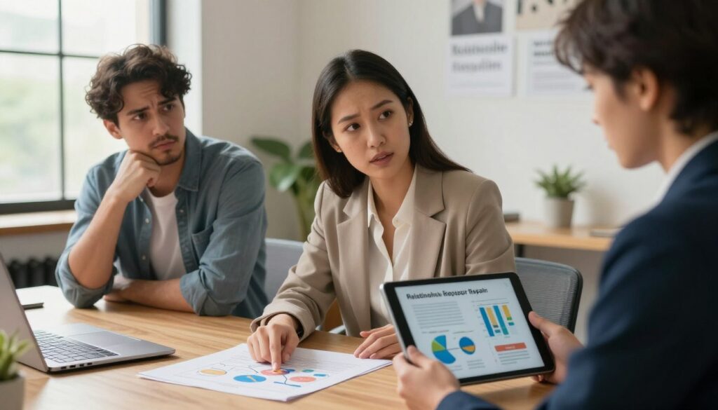 A thoughtful decision-making scene, featuring a diverse group of three individuals in a cozy, well-lit office setting. In the foreground, a woman in professional attire, deep in thought, points to a chart on the desk that illustrates relationship dynamics. To her left, a man, wearing casual but neat clothing, listens attentively, his expression reflecting concern and contemplation. On the right, another individual, dressed in business attire, holds a tablet, showing an infographic about relationship repair versus moving on. The soft, natural light streaming through a nearby window creates a warm, inviting atmosphere, enhancing the mood of reflection and serious discussion. The background features subtle hints of plants and motivational quotes on the walls, emphasizing a supportive environment for decision-making.