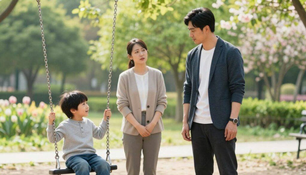 A thoughtful scene depicting a biological father standing in a soft, sunlit park, dressed in a smart-casual outfit. In the foreground, he gazes warmly at a young child playing happily on a swing, embodying a positive and nurturing presence. The middle ground features a woman observing the interaction with a look of relief and gratitude, dressed in comfortable yet neat attire. Surrounding them, the park is lush with greenery and blooming flowers, evoking a peaceful and harmonious atmosphere. The bright natural light creates a gentle glow, emphasizing the connections and mutual respect among the individuals. The composition captures a moment of understanding and collaboration, reflecting the theme of building relationships without conflict.