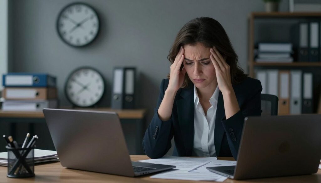 A visual representation of chronic stress, featuring a professional woman sitting at her cluttered desk, her face displaying visible tension and concern. In the foreground, papers and a laptop reflect the chaotic environment. The middle ground shows disorganized files and a clock ticking rapidly, symbolizing the pressure of time. In the background, a dimly lit office with soft shadows creates a heavy atmosphere, emphasizing the seriousness of chronic stress. Use soft, muted lighting to highlight her facial expression and create a somber mood. The woman's attire should be modest and professional, representing her role in a demanding work environment. Capture the essence of chronic stress through subtle details and a focus on emotional weight.