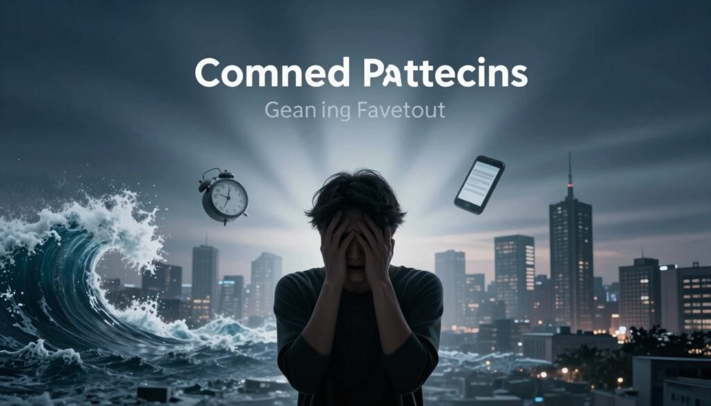 A visual representation of common causes of panic attacks and risk factors. In the foreground, depict a silhouette of a person, looking anxious and distressed, conveying a sense of panic. The middle ground features a chaotic scene with elements symbolizing stress: a ticking clock, crashing waves, a phone with notifications, and a bustling cityscape, representing external pressures. In the background, a gradient of dark blues and grays to illustrate overwhelming emotions, with soft light piercing through, symbolizing hope. The overall mood is tense yet thought-provoking, lighting is soft and diffused, capturing the complexity of mental health. Use a wide-angle perspective to create depth and drama, without any text or distractions in the image.