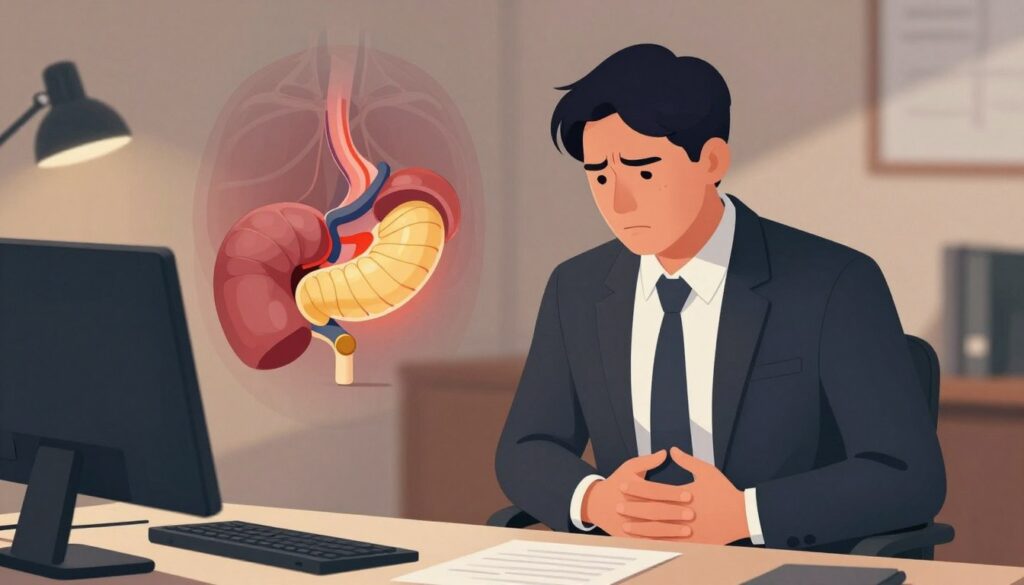 A visually compelling illustration depicting the concept of stress-related pancreas pain. In the foreground, a thoughtful individual dressed in professional business attire, seated at a desk, holding their abdomen with a concerned expression, symbolizing the discomfort. In the middle ground, subtle imagery of a blurred anatomical illustration of the pancreas, illuminated to emphasize its location. The background features a dimly lit office setting with soft, warm lighting to create an atmosphere of anxiety and stress. Shadows gently cast from desk objects, like a computer and paperwork, add depth. The overall mood should evoke concern, conveying the relationship between stress and physical health while maintaining a professional and respectful tone.
