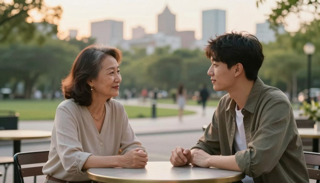 A visually engaging scene representing an age difference in a relationship. In the foreground, depict a middle-aged woman and a younger man sitting comfortably at a café table, both dressed in stylish, modest clothing. Their expressions convey warmth and connection, hinting at a deep conversation. In the middle ground, include a city park with green trees and soft paths, suggesting a relaxed atmosphere. The background features a blurred skyline under a soft golden hour light, casting a warm glow over the scene, enhancing the emotional depth. Capture the mood of serenity and reflection, focusing on the nuances of their age difference, creating a harmonious juxtaposition of youthful energy and mature wisdom. A visually engaging scene representing an age difference in a relationship. In the foreground, depict a middle-aged woman and a younger man sitting comfortably at a café table, both dressed in stylish, modest clothing. Their expressions convey warmth and connection, hinting at a deep conversation. In the middle ground, include a city park with green trees and soft paths, suggesting a relaxed atmosphere. The background features a blurred skyline under a soft golden hour light, casting a warm glow over the scene, enhancing the emotional depth. Capture the mood of serenity and reflection, focusing on the nuances of their age difference, creating a harmonious juxtaposition of youthful energy and mature wisdom.
