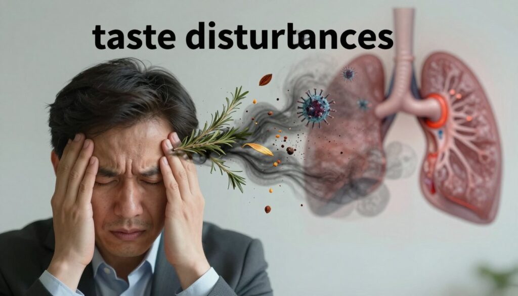 A visually striking composition that illustrates the concept of "taste disturbances" with a focus on the interplay of stress and inflammation. In the foreground, a close-up of a person’s face showing a subtle yet concerned expression, dressed in professional attire, representing the psychological aspect of stress. The middle layer features an abstract representation of flavors and sensations, with elements like bitter herbs, spices, and dark clouds swirling around, indicating the confusion of taste. In the background, a blurred depiction of medical imagery, such as sinus anatomy and virus particles, symbolizing infections from sinusitis to COVID-19. The scene is lit with soft, diffused light, evoking a somber yet reflective mood, capturing the essence of distress caused by health issues. A visually striking composition that illustrates the concept of "taste disturbances" with a focus on the interplay of stress and inflammation. In the foreground, a close-up of a person’s face showing a subtle yet concerned expression, dressed in professional attire, representing the psychological aspect of stress. The middle layer features an abstract representation of flavors and sensations, with elements like bitter herbs, spices, and dark clouds swirling around, indicating the confusion of taste. In the background, a blurred depiction of medical imagery, such as sinus anatomy and virus particles, symbolizing infections from sinusitis to COVID-19. The scene is lit with soft, diffused light, evoking a somber yet reflective mood, capturing the essence of distress caused by health issues.