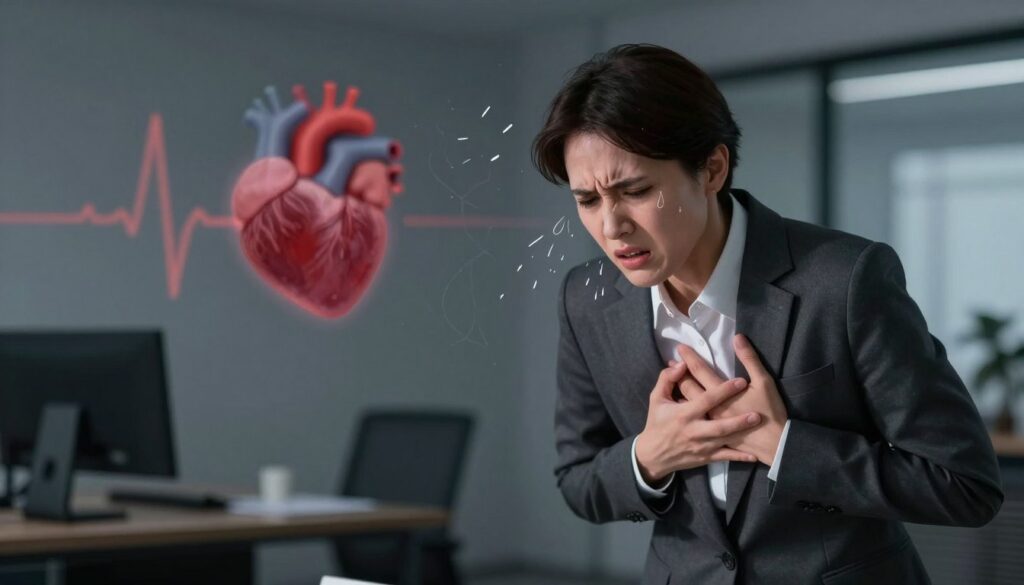 A visually striking illustration of the physical symptoms of a panic attack. In the foreground, a person in professional business attire stands in a slightly hunched posture, with an expression of distress and anxiety, clutching their chest. Their face is pale, showing signs of hyperventilation. In the middle ground, various visual metaphors for panic symptoms—like a racing heartbeat represented by a blurred heart graphic, beads of sweat against a backdrop of faint, chaotic lines indicating confusion—populate the scene. The background depicts a dimly lit, abstract office environment to evoke a sense of claustrophobia and pressure. Soft, dramatic lighting casts shadows, enhancing the somber mood, while the angle is slightly tilted, emphasizing the disorientation of panic.